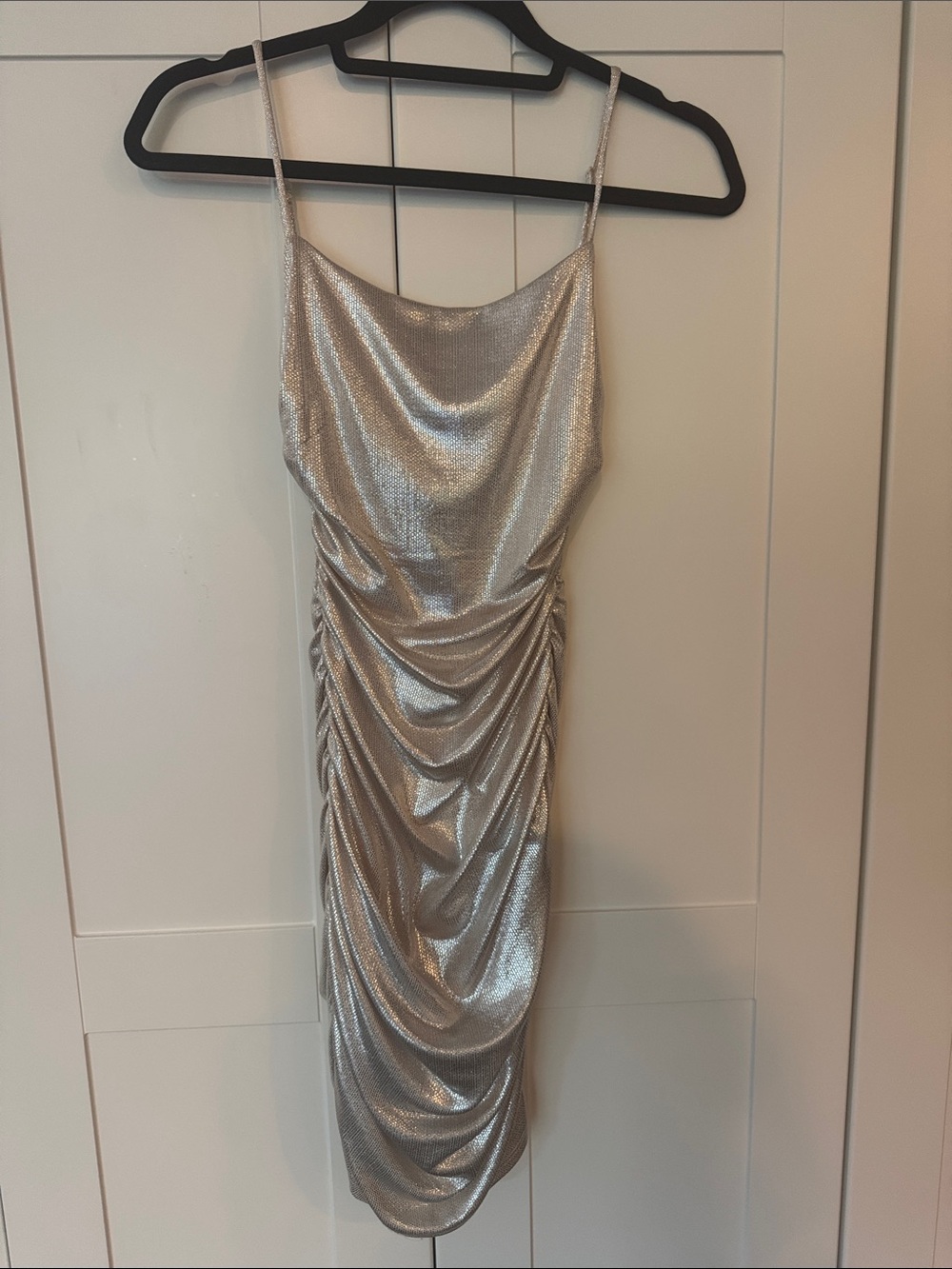 City Studio Silver Metallic Ruched Midi Slip Dress